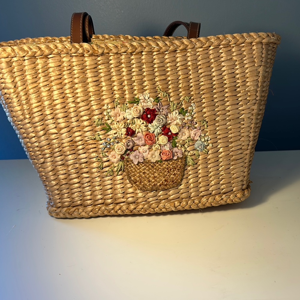 Floral Embroidered Straw Tote Bag